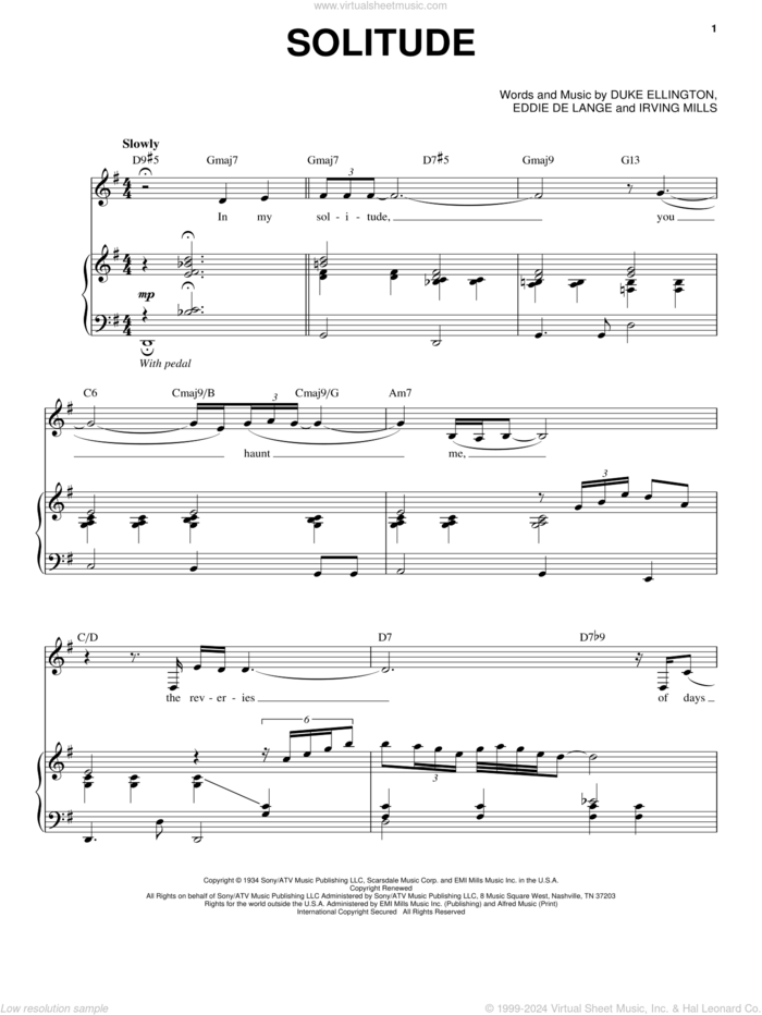 Solitude sheet music for voice and piano by Nina Simone, Duke Ellington, Eddie DeLange and Irving Mills, intermediate skill level