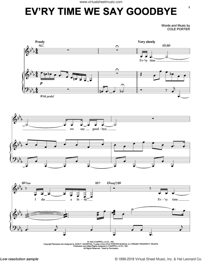Ev'ry Time We Say Goodbye sheet music for voice and piano by Nina Simone, Cole Porter and Stan Kenton, intermediate skill level