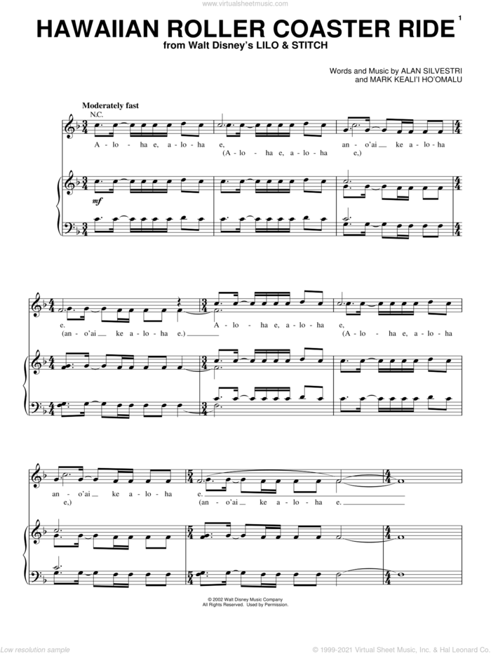Hawaiian Roller Coaster Ride (from Lilo and Stitch) sheet music for voice, piano or guitar by Alan Silvestri and Lilo & Stitch (Movie), intermediate skill level