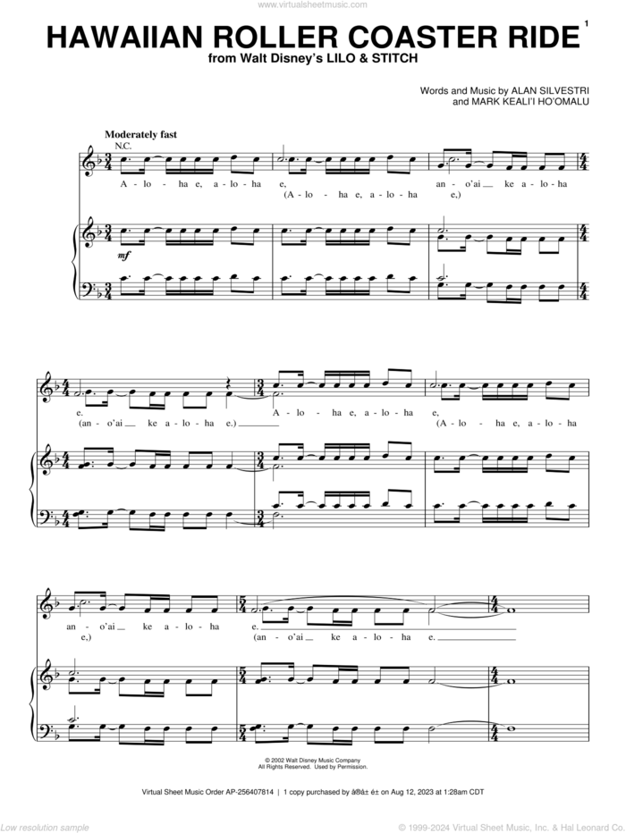 Hawaiian Roller Coaster Ride (from Lilo and Stitch) sheet music for voice, piano or guitar by Alan Silvestri and Lilo & Stitch (Movie), intermediate skill level