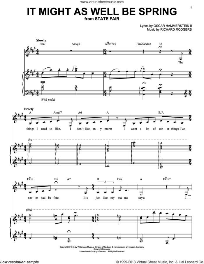 It Might As Well Be Spring sheet music for voice and piano by Nina Simone, Oscar II Hammerstein and Richard Rodgers, intermediate skill level