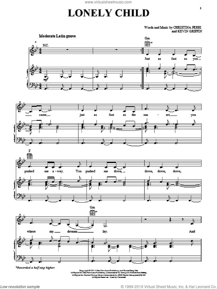 Lonely Child sheet music for voice, piano or guitar by Christina Perri and Kevin Griffin, intermediate skill level