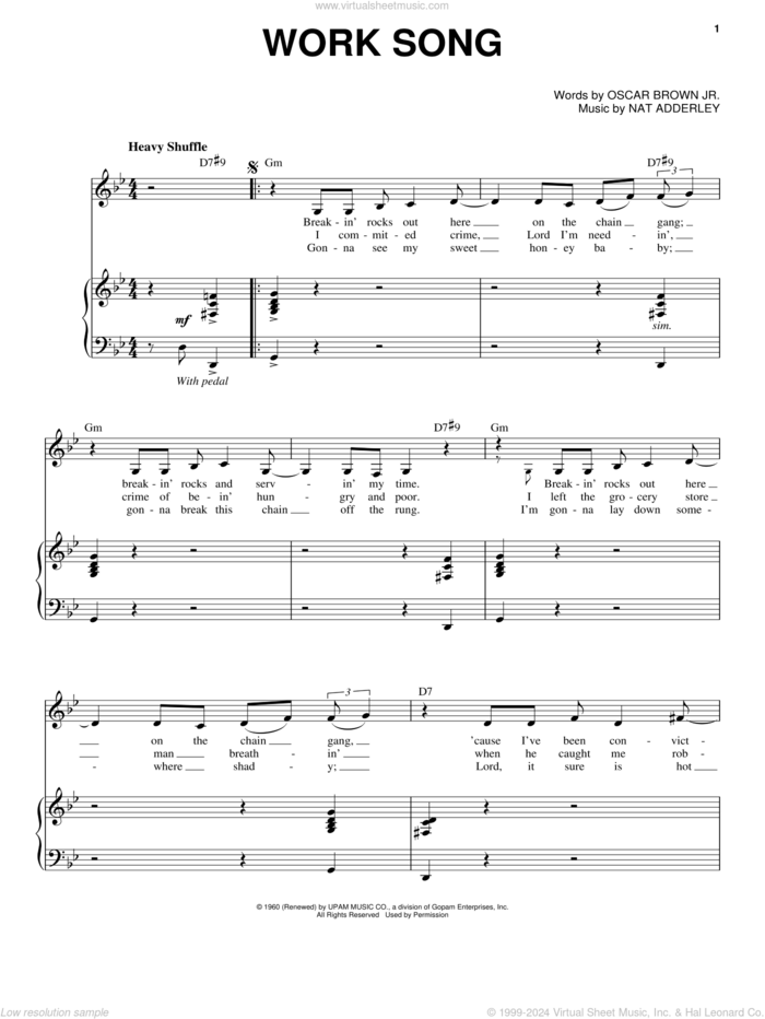 Work Song sheet music for voice and piano by Nina Simone, Cannonball Adderley, Nat Adderley and Oscar Brown, Jr., intermediate skill level