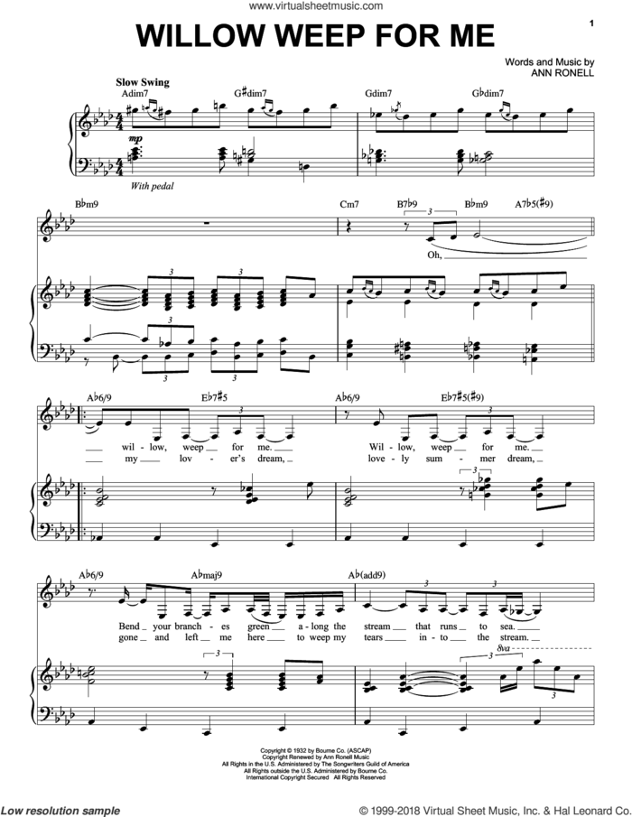 Willow Weep For Me sheet music for voice and piano by Nina Simone, Ann Ronell and Chad & Jeremy, intermediate skill level
