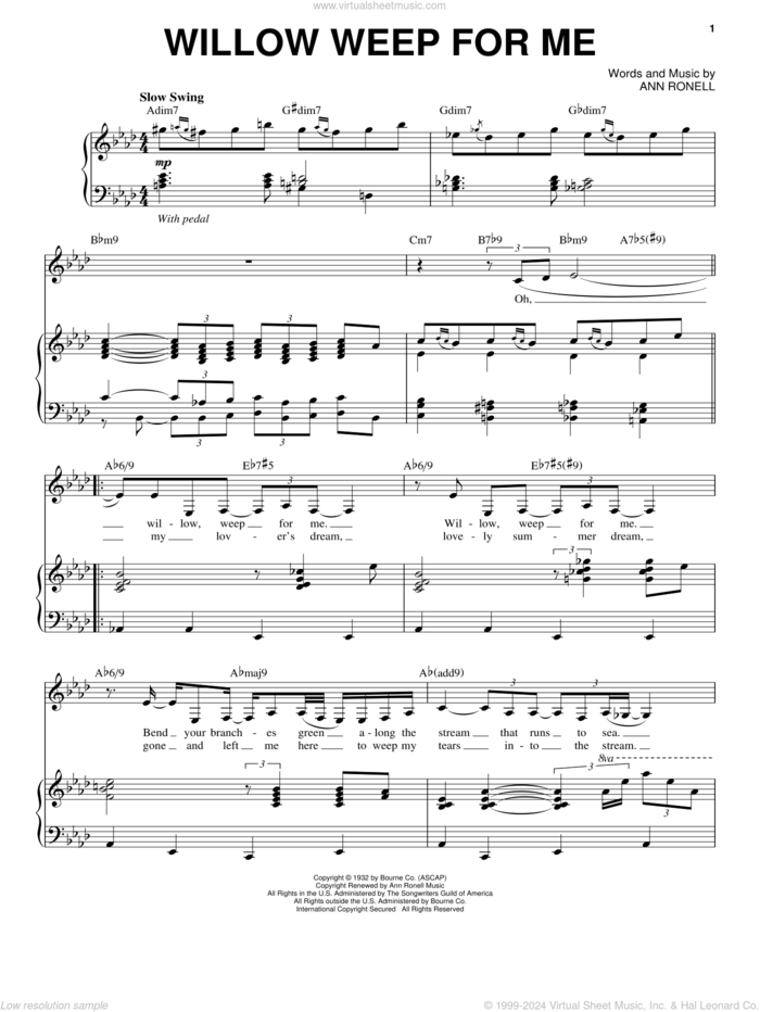 Willow Weep For Me sheet music for voice and piano by Nina Simone, Ann Ronell and Chad & Jeremy, intermediate skill level