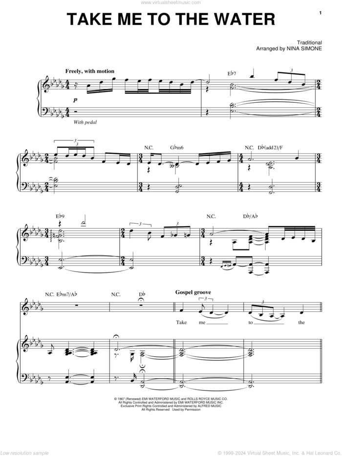 Take Me To The Water sheet music for voice and piano by Nina Simone, intermediate skill level