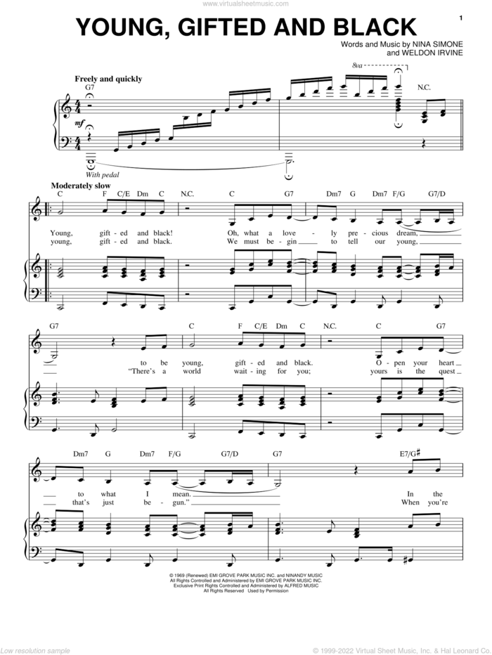 Young, Gifted And Black sheet music for voice and piano by Nina Simone and Weldon Irvine, intermediate skill level