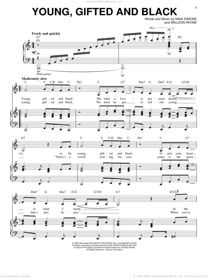 Young, Gifted And Black sheet music for voice and piano by Nina Simone and Weldon Irvine, intermediate skill level