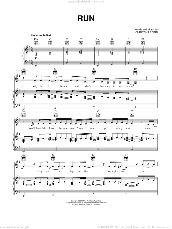 Run sheet music for voice, piano or guitar by Christina Perri, intermediate skill level