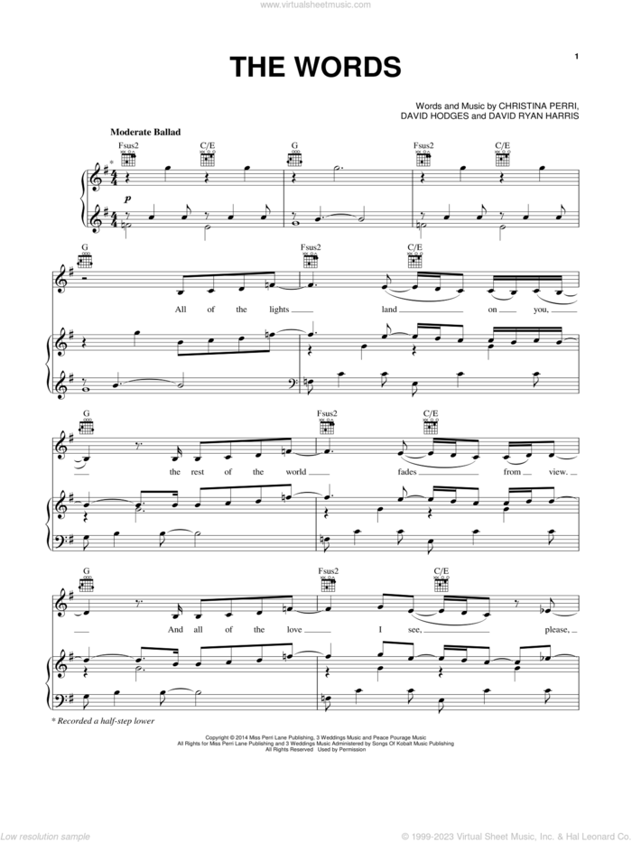 The Words sheet music for voice, piano or guitar by Christina Perri, David Hodges and David Ryan Harris, intermediate skill level