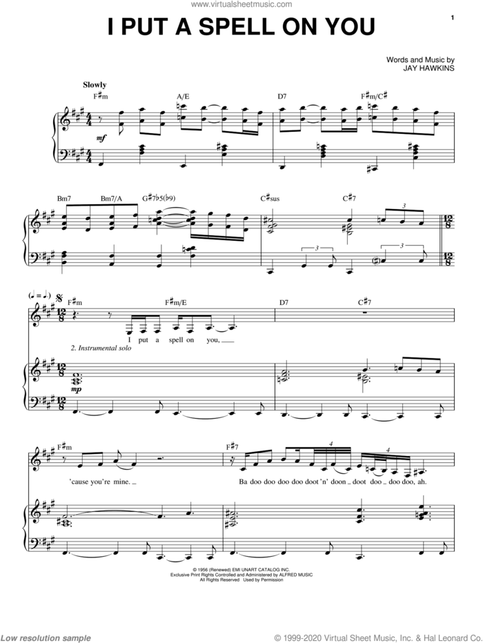 I Put A Spell On You sheet music for voice and piano by Nina Simone, Creedence Clearwater Revival and Jay Hawkins, intermediate skill level