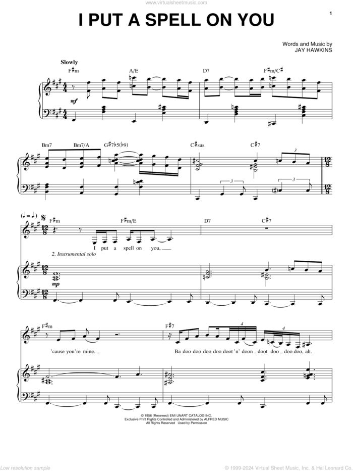 I Put A Spell On You sheet music for voice and piano by Nina Simone, Creedence Clearwater Revival and Jay Hawkins, intermediate skill level