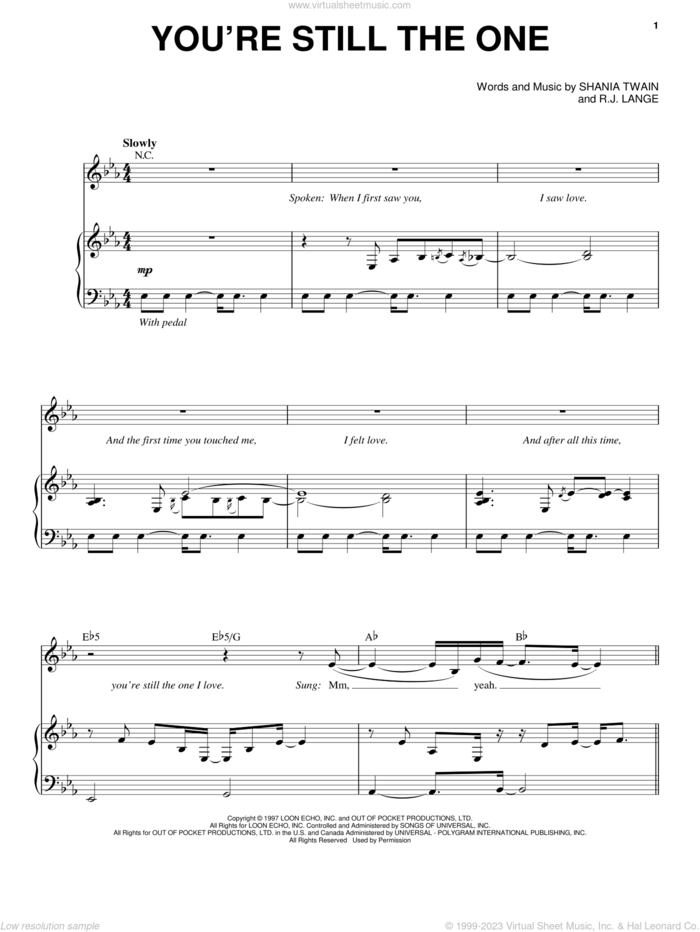 You're Still The One sheet music for voice and piano by Shania Twain and Robert John Lange, intermediate skill level