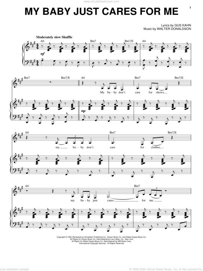 My Baby Just Cares For Me sheet music for voice and piano by Nina Simone, John Pizzarelli, Gus Kahn and Walter Donaldson, intermediate skill level