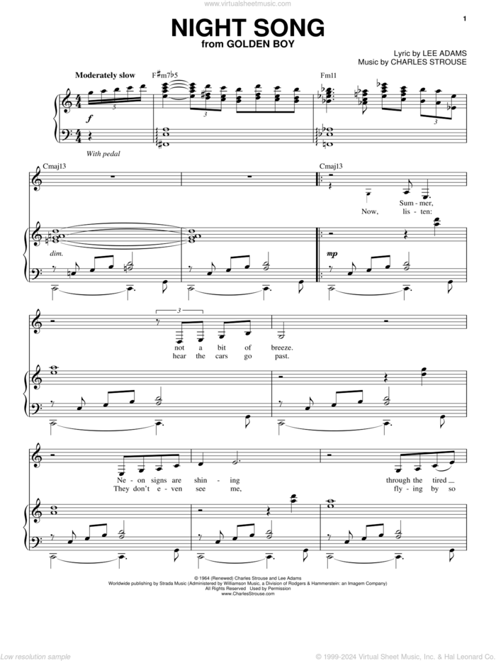 Night Song sheet music for voice and piano by Nina Simone, Charles Strouse and Lee Adams, intermediate skill level