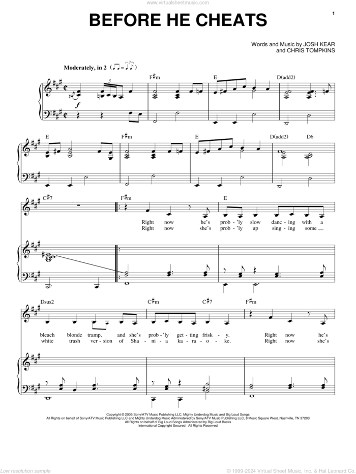 Before He Cheats sheet music for voice and piano by Carrie Underwood, Chris Tompkins and Josh Kear, intermediate skill level