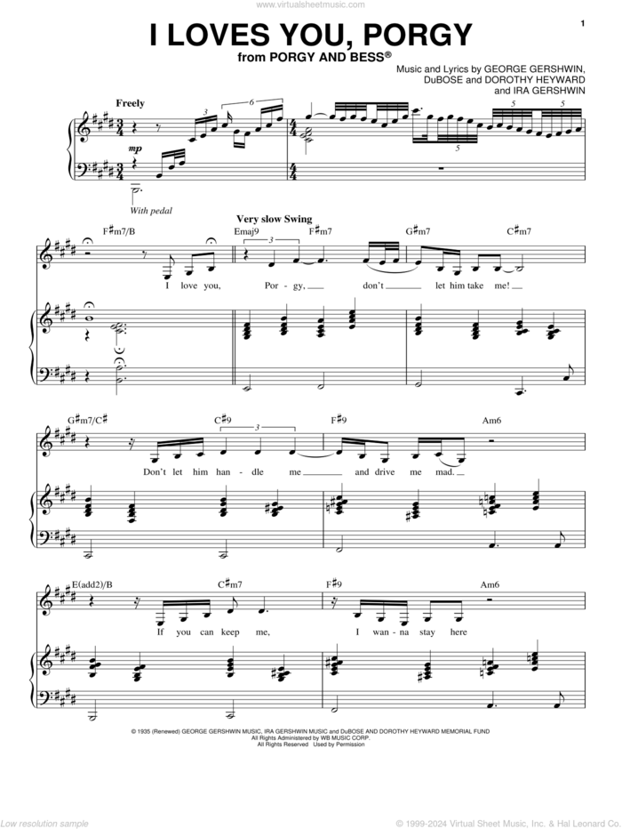 I Loves You, Porgy sheet music for voice and piano by Nina Simone, Dorothy Heyward, DuBose Heyward, George Gershwin and Ira Gershwin, intermediate skill level