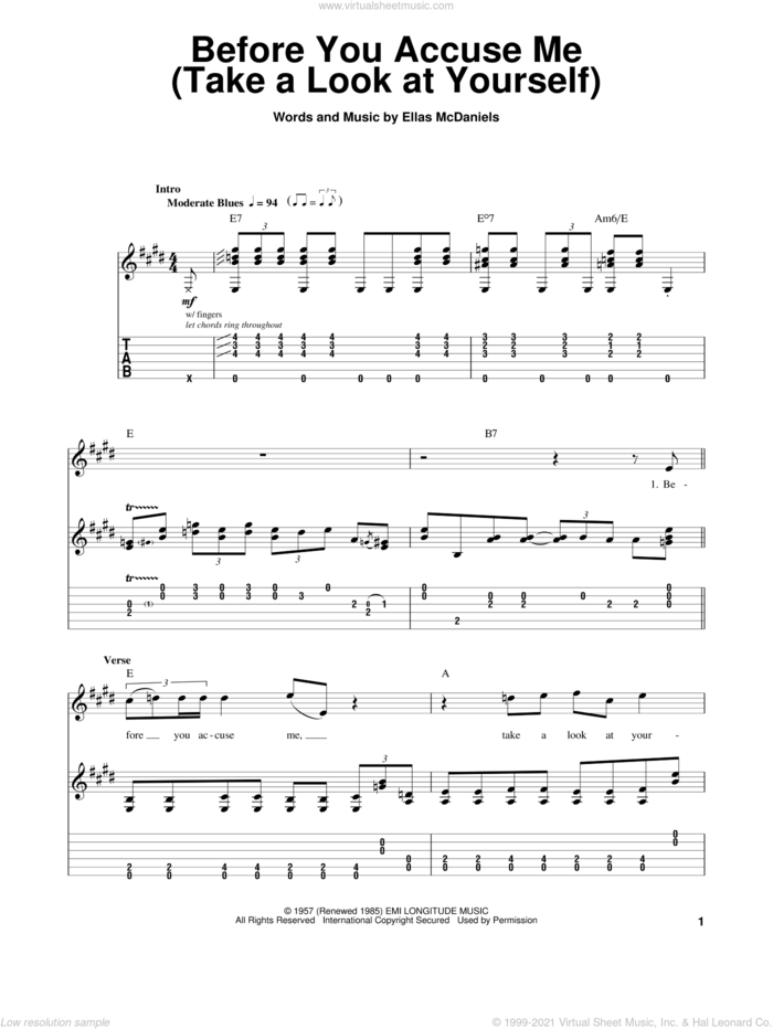 Before You Accuse Me (Take A Look At Yourself) sheet music for guitar (tablature, play-along) by Eric Clapton, Creedence Clearwater Revival, Eric Clapton (Unplugged) and Ellas McDaniels, intermediate skill level