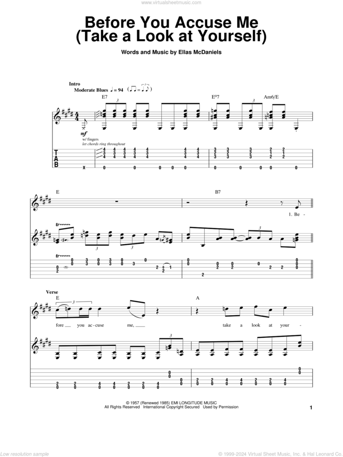 Before You Accuse Me (Take A Look At Yourself) sheet music for guitar (tablature, play-along) by Eric Clapton, Creedence Clearwater Revival, Eric Clapton (Unplugged) and Ellas McDaniels, intermediate skill level