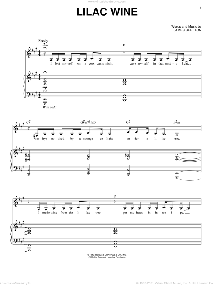 Lilac Wine sheet music for voice and piano by Nina Simone and James Shelton, intermediate skill level