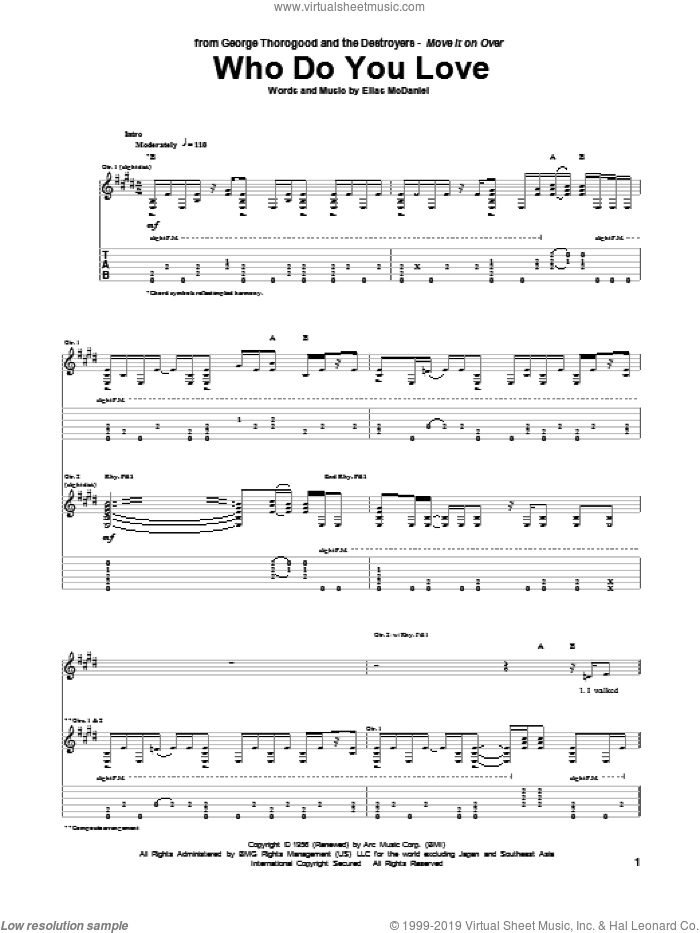 Who Do You Love sheet music for guitar (tablature) by George Thorogood, Bo Diddley and Ellas McDaniels, intermediate skill level