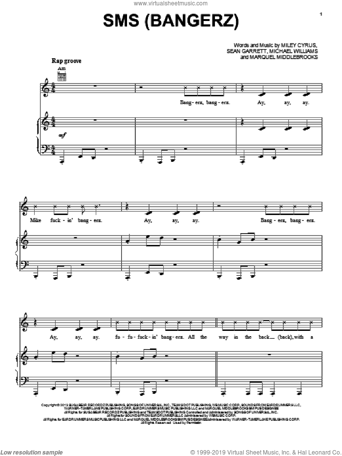 SMS (Bangerz) sheet music for voice, piano or guitar by Miley Cyrus, Marquel Middlebrooks and Michael Williams, intermediate skill level