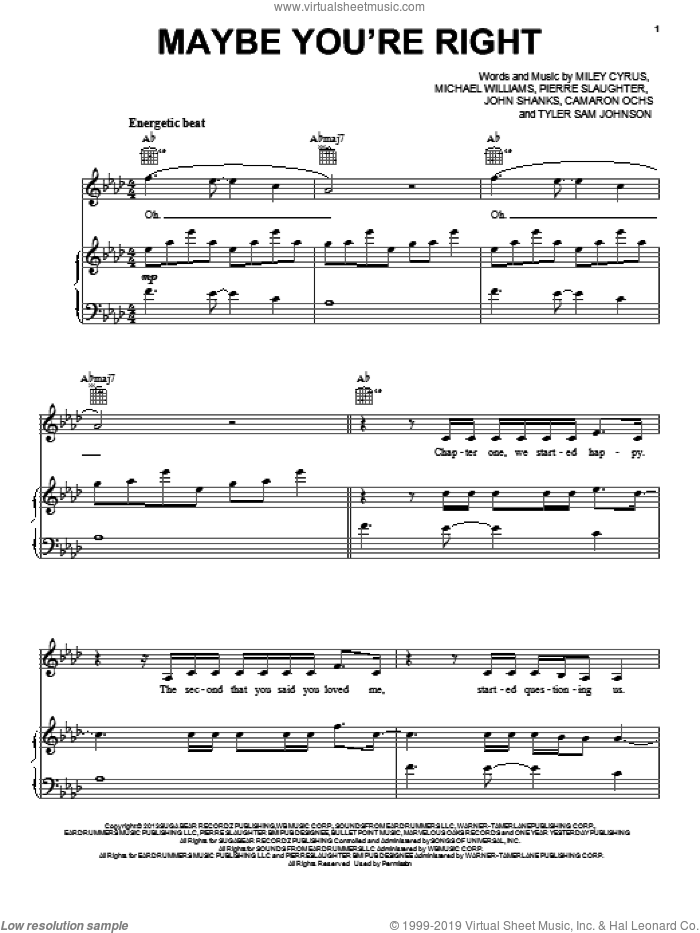 Maybe You're Right sheet music for voice, piano or guitar by Miley Cyrus, Camaron Ochs, John Shanks, Michael Williams, Pierre Slaughter and Tyler Sam Johnson, intermediate skill level