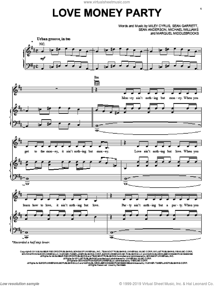 Love Money Party sheet music for voice, piano or guitar by Miley Cyrus, Marquell Middlebrooks, Michael Williams, Sean Anderson and Sean Garrett, intermediate skill level