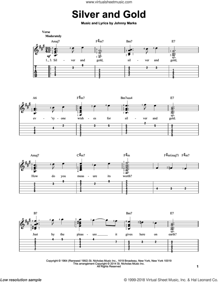 Silver And Gold sheet music for guitar solo (easy tablature) by Johnny Marks, easy guitar (easy tablature)