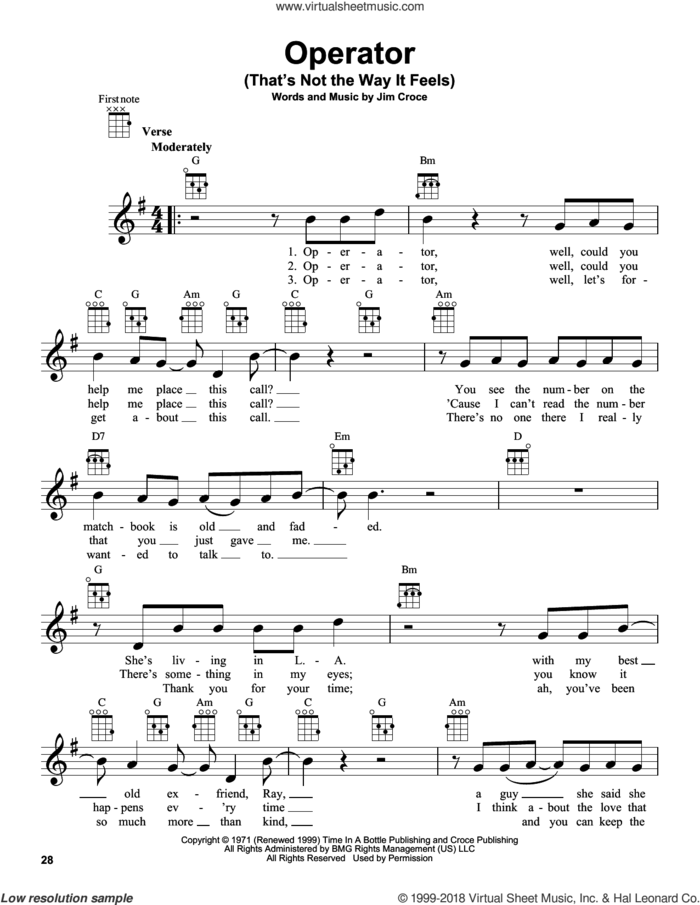 Operator (That's Not The Way It Feels) sheet music for ukulele by Jim Croce, intermediate skill level