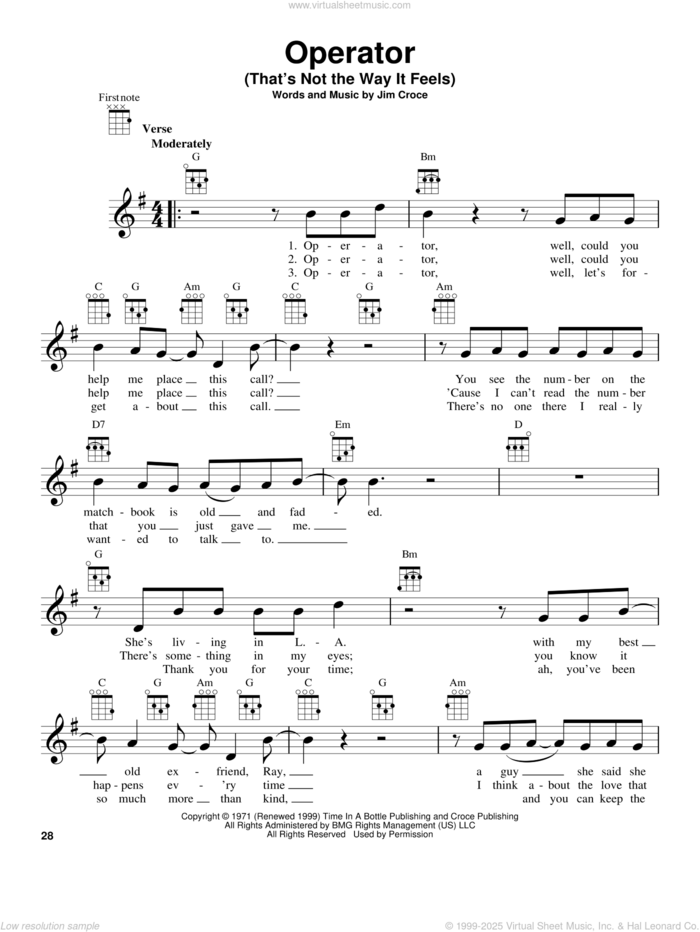 Operator (That's Not The Way It Feels) sheet music for ukulele by Jim Croce, intermediate skill level