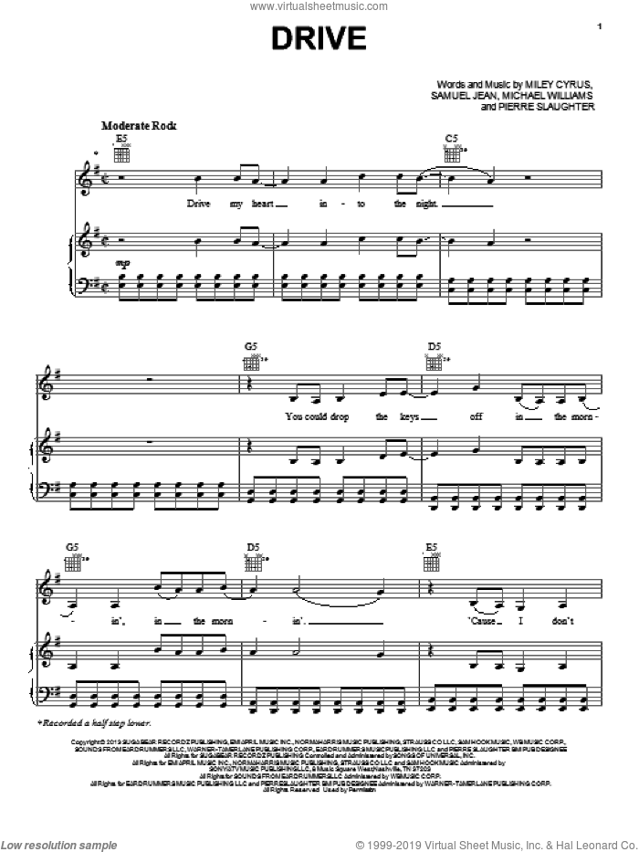 Drive sheet music for voice, piano or guitar by Miley Cyrus, Michael Williams, Pierre Slaughter and Samuel Jean, intermediate skill level