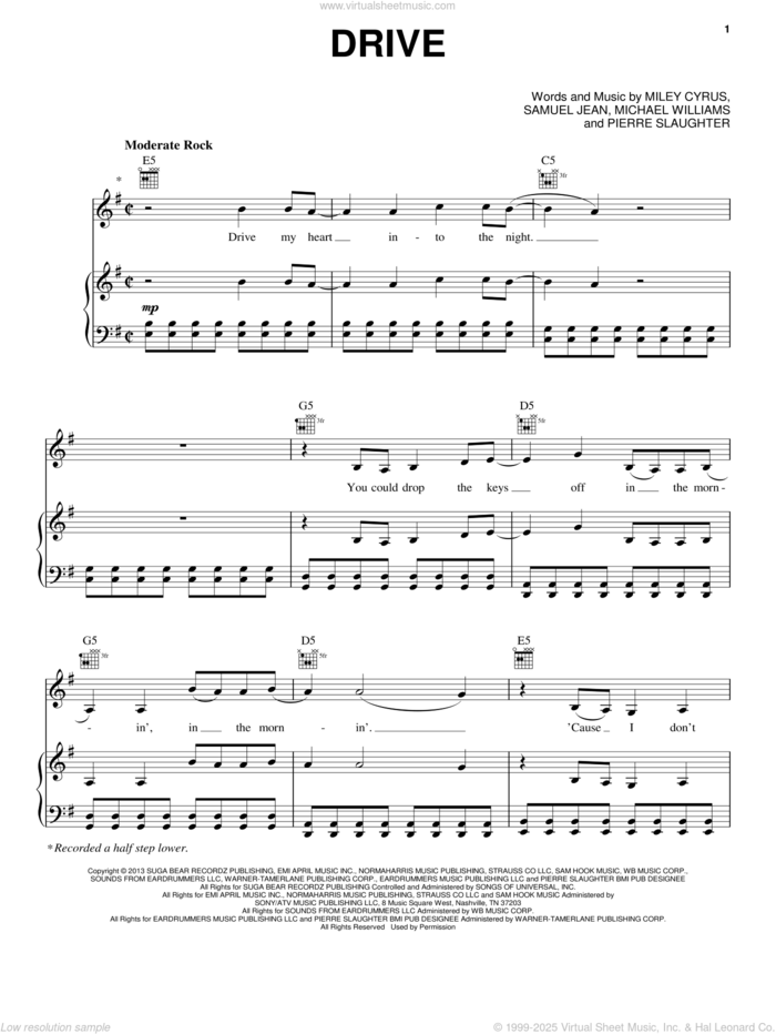 Drive sheet music for voice, piano or guitar by Miley Cyrus, Michael Williams, Pierre Slaughter and Samuel Jean, intermediate skill level