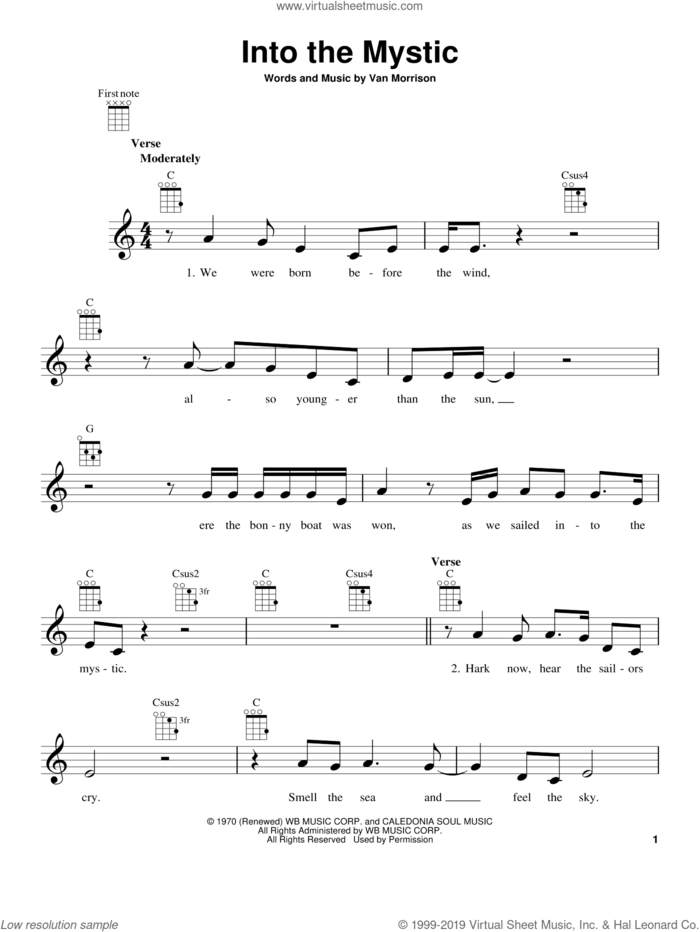 Into The Mystic sheet music for ukulele by Van Morrison, intermediate skill level