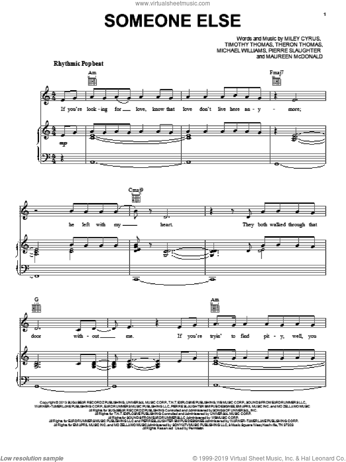 Someone Else sheet music for voice, piano or guitar by Miley Cyrus, Maureen McDonald, Michael Williams, Pierre Slaughter, Theron Thomas and Timmy Thomas, intermediate skill level