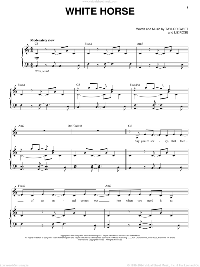 White Horse sheet music for voice and piano by Taylor Swift and Liz Rose, intermediate skill level