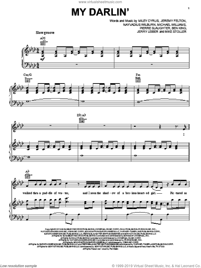 My Darlin' sheet music for voice, piano or guitar by Miley Cyrus, Ben King, Jeremy Felton, Jerry Leiber, Michael Williams, Mike Stoller, Nayvadius Wilburn and Pierre Slaughter, intermediate skill level
