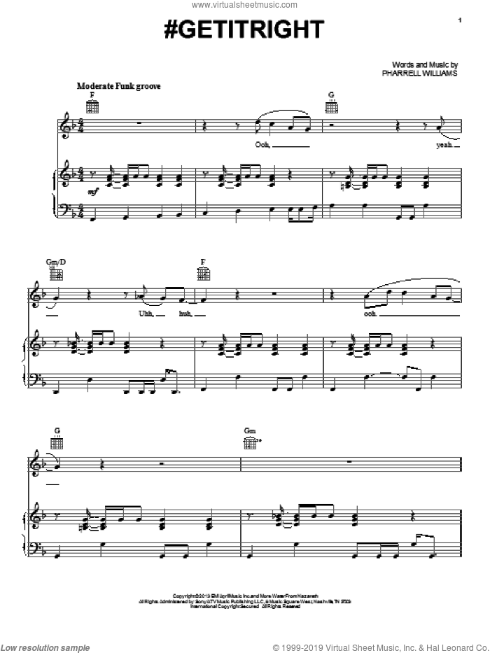 #Getitright sheet music for voice, piano or guitar by Miley Cyrus and Pharrell Williams, intermediate skill level