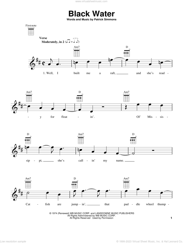 Black Water sheet music for ukulele by The Doobie Brothers and Patrick Simmons, intermediate skill level