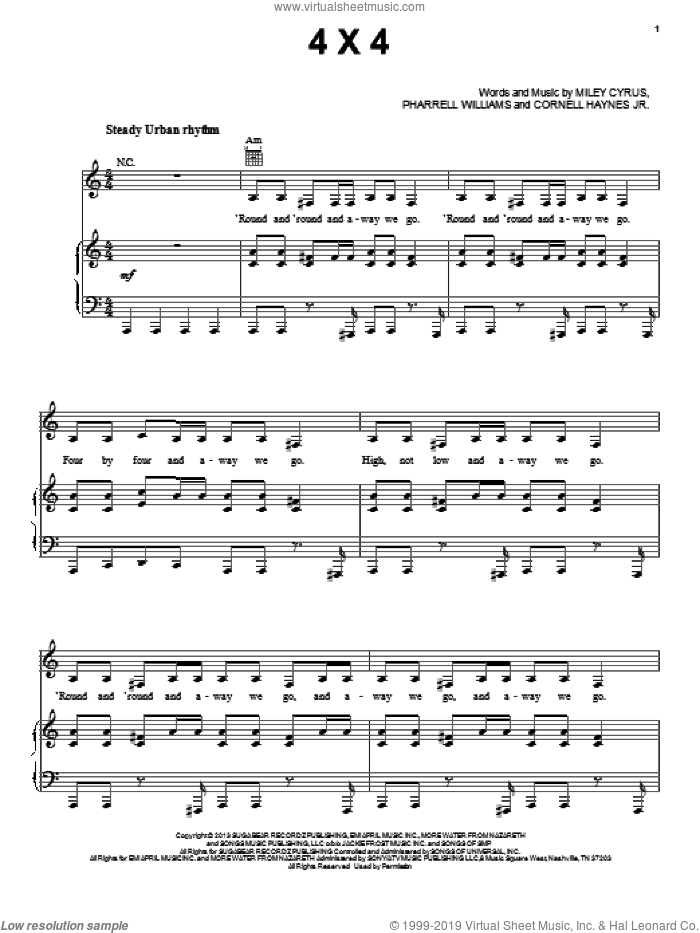 4x4 sheet music for voice, piano or guitar by Miley Cyrus, Cornell Haynes Jr. and Pharrell Williams, intermediate skill level