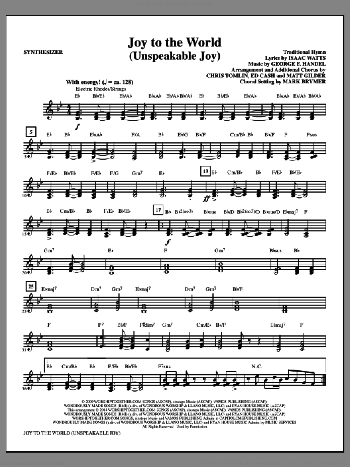 Joy to the World (Unspeakable Joy) (complete set of parts) sheet music for orchestra/band by Mark Brymer, Chris Tomlin and Isaac Watts, intermediate skill level