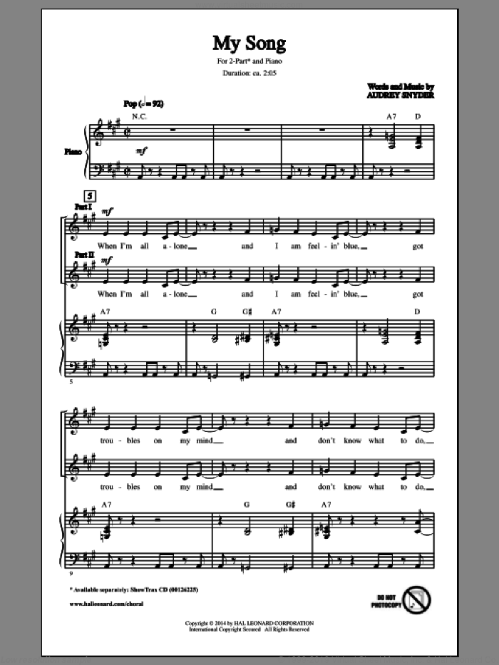 My Song sheet music for choir (2-Part) by Audrey Snyder, intermediate duet