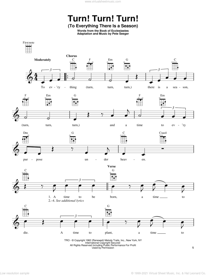 Turn! Turn! Turn! (To Everything There Is A Season) sheet music for ukulele by The Byrds, Book of Ecclesiastes and Pete Seeger, intermediate skill level
