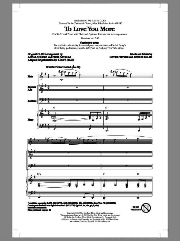 To Love You More sheet music for choir (SAB: soprano, alto, bass) by Kirby Shaw, Celine Dion, David Foster, Glee Cast and Junior Miles, intermediate skill level