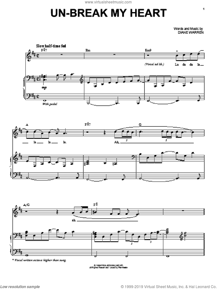 Un-break My Heart sheet music for voice and piano by Diane Warren, intermediate skill level