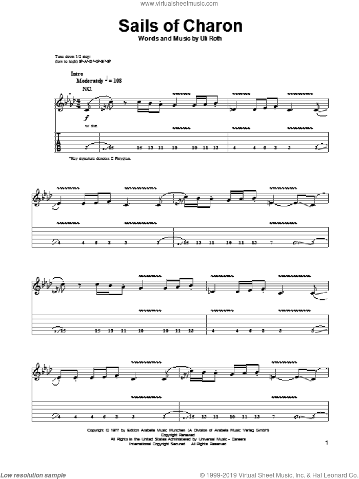 Sails Of Charon sheet music for guitar (tablature, play-along) by Scorpions and Uli Roth, intermediate skill level