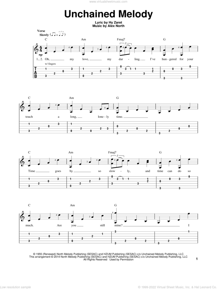 Unchained Melody sheet music for guitar solo (easy tablature) by The Righteous Brothers, Al Hibbler, Barry Manilow, Elvis Presley, Alex North, Hy Zaret and Les Baxter, wedding score, easy guitar (easy tablature)