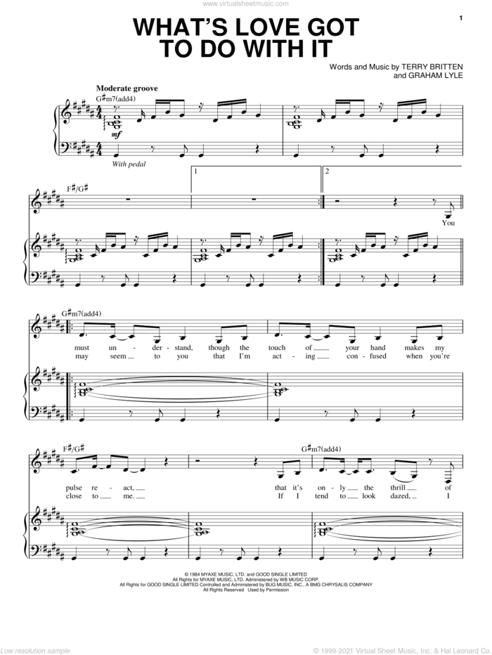 What's Love Got To Do With It sheet music for voice and piano by Tina Turner, Graham Lyle and Terry Britten, intermediate skill level