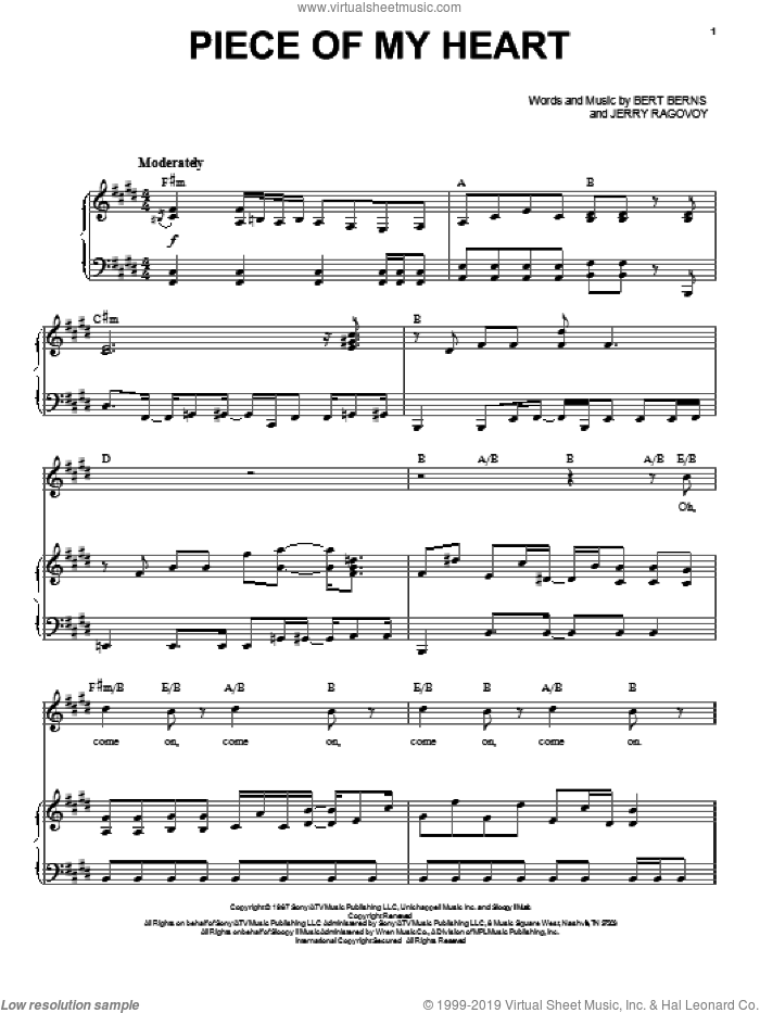 Piece Of My Heart sheet music for voice and piano by Janis Joplin, Bert Berns and Jerry Ragovoy, intermediate skill level