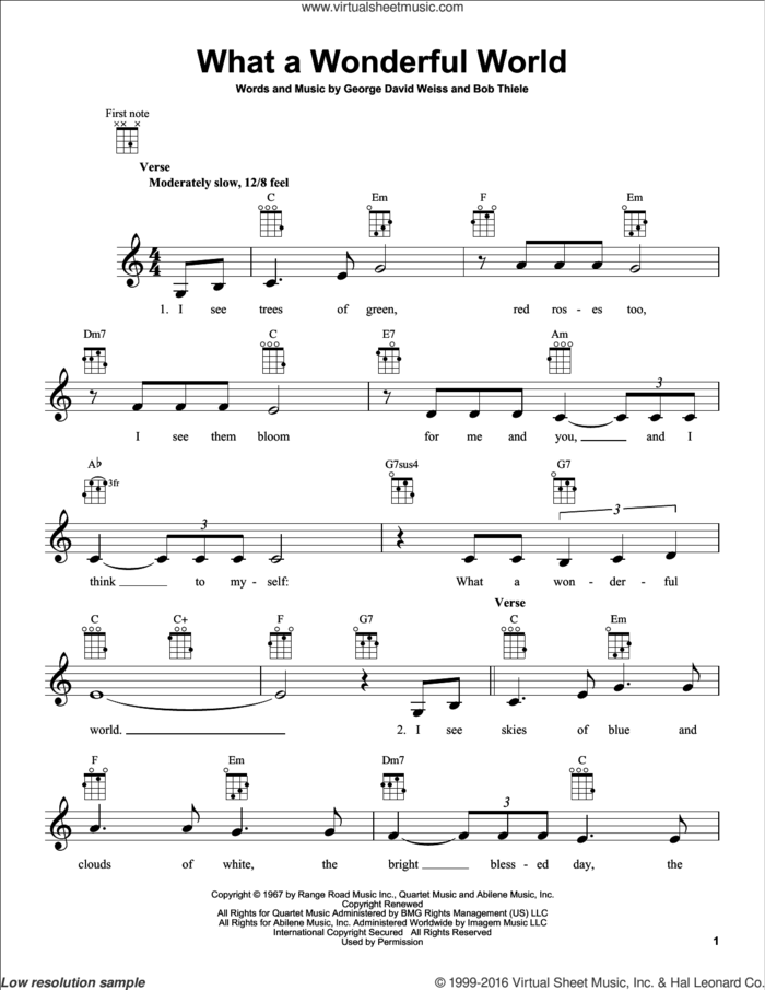 What A Wonderful World sheet music for ukulele by Louis Armstrong, Louis Armstrong with Kenny G., Rod Stewart feat. Stevie Wonder, Bob Thiele and George David Weiss, intermediate skill level